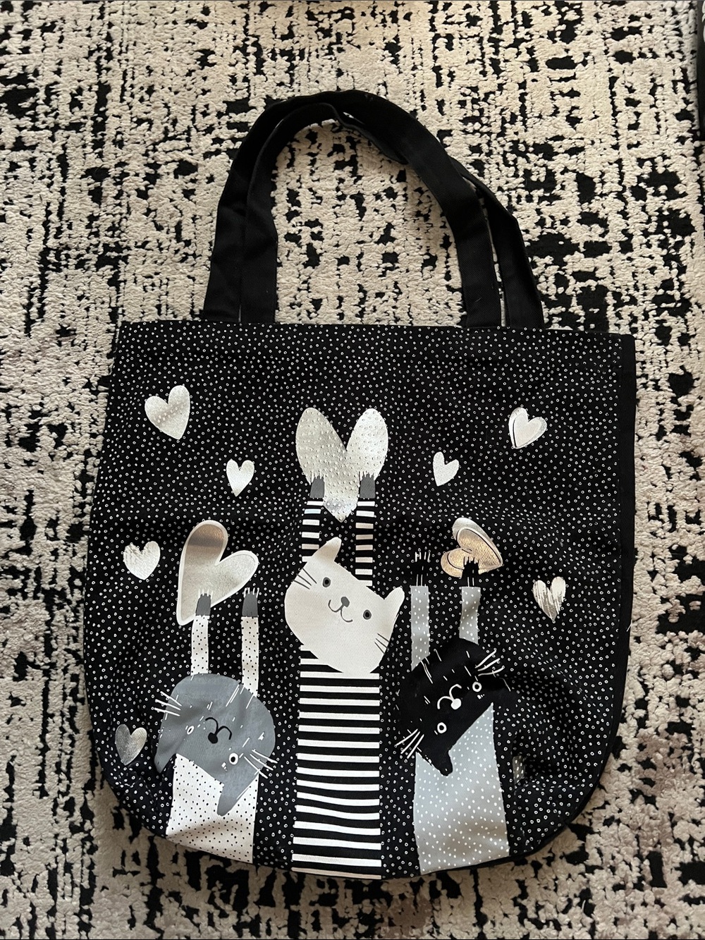 Canvas Black Cat Polka Dot Tote Bag with Silver Accents